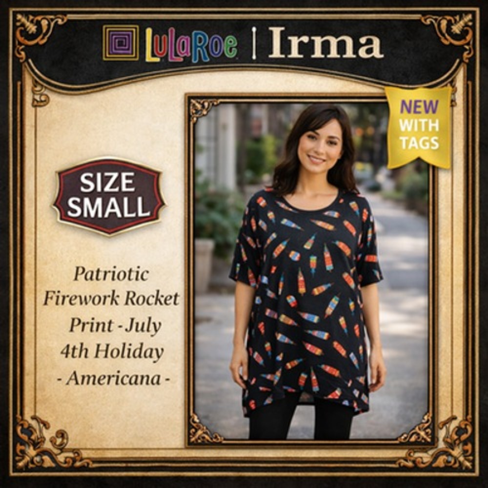 LuLaRoe Irma Shirt Womens Small Black Patriotic Firework‎ Rocket Print Top